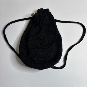 The Sak Backpack Purse Black Crochet Knit W/ Cinch Drawstring Closure